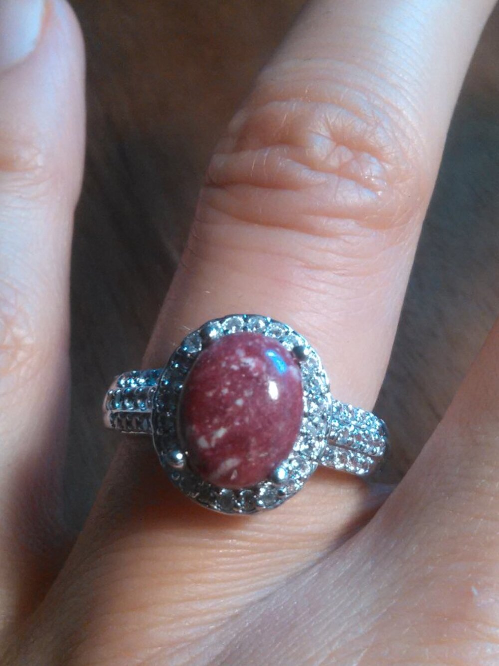Norwegian Thulite and White Crystal Platinum Bond Ring (Size 7)